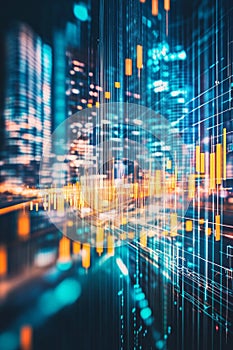 Abstract Digital Data Visualization With Blurred City Lights and Neon Colors Representing Technology