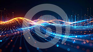 Abstract digital data visualization with flowing waves of light and lines, technology concept.