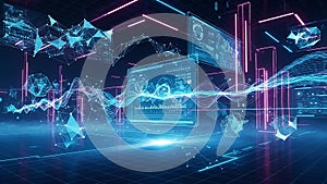 Abstract Digital Data Visualization with Geometric Shapes and Waveforms technology