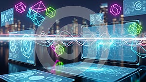 Abstract digital data visualization with glowing geometric shapes and waveforms technology