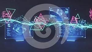 Abstract digital data visualization with glowing geometric shapes and waveforms technology