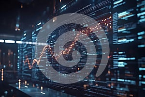 Abstract digital data visualization with glowing graph and complex code streams, representing big data.