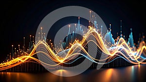 Abstract digital data visualization with glowing lines and particles against a dark background.