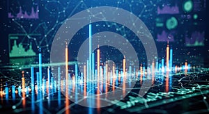 Abstract digital data visualization with glowing neon lights and futuristic cityscape elements