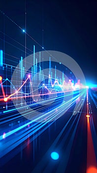 Abstract digital data visualization with graphs, lines and lights in vibrant colors, technology background.