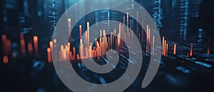 Abstract digital data visualization with lines and bars in orange and blue colors