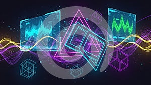 Abstract Digital Data Visualization with Neon Geometric Shapes and Waveforms technology