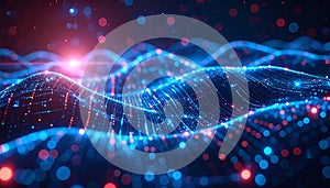 Abstract Digital Data Visualization Showing Undulating Waves of Blue and Red Light Particles Creating a Dynamic Three Dimensional