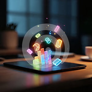 Abstract digital data visualization on tablet colorful display