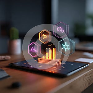 Abstract digital data visualization on tablet information screen