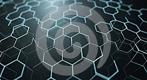 Abstract digital design featuring a network of hexagonal patterns that form a 3D grid.