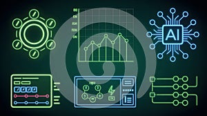 Abstract Digital Display of Artificial Intelligence, Data Processing, and Network Connections with Glowing Neon Elements