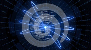 Abstract digital earth with binary code in blue design with binary rays and blurred hud elements on background