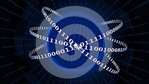 Abstract digital earth encircled by binary code lines with binary rays and blurred hud elements - global communication concept