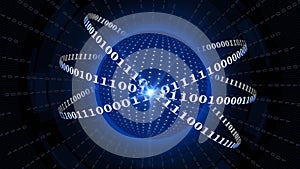 Abstract digital earth encircled by binary code lines with binary rays and blurred hud elements - global communication concept