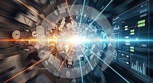 Abstract digital explosion of light and data streams representing technological advancement and information flow