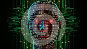 Abstract digital face made of binary code and data backgroumd image