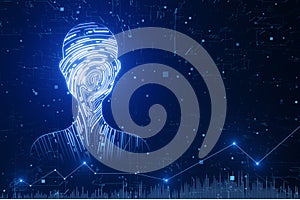 Abstract digital fingerprint man or person silhouette on blurry blue backdrop. Identity, technology and secure concept. 3D