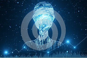 Abstract digital fingerprint man or person silhouette on blurry blue background. Identity, technology and secure concept. 3D