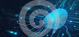 Abstract digital fingerprint scan on glowing circuit board. Biometric authentication system for secure access, identity
