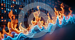 Abstract digital fire and ice background, technology data stream, ai artificial intelligence