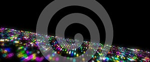 Abstract digital flow particles. Cyber network connection background. Big data visualization. Technology backdrop. 3d rendering