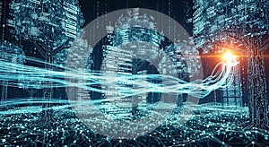 Futuristic Digital Forest Abstract Data Trees with Binary Code and Light Streams