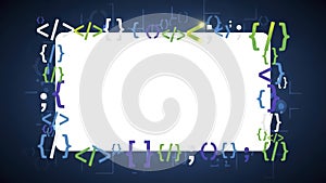 Abstract Digital Frame of Programming Code Symbols Surrounding a Blank White Space