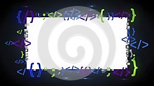 Abstract Digital Frame of Programming Code Symbols Surrounding a Blank White Space