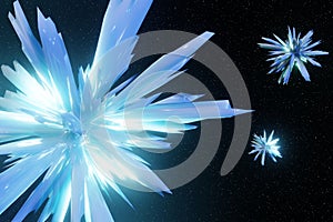 Abstract Digital Futuristic Glowing Crystals fly in space Background 3D rendering