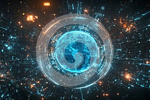 Abstract digital globe with glowing network connections and light trails