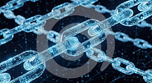 Abstract digital glowing blue chain links connected in a network pattern