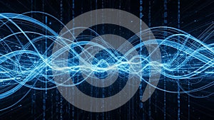Abstract digital of glowing blue waveforms and binary code streams