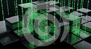 Abstract Digital Binary Code Flowing on 3D Cubes with Green Matrix Effect