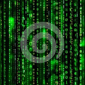 Abstract digital green code matrix with glowing binary patterns