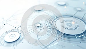 Abstract digital grid with circular interface elements and glowing lights. Futuristic tech network graphic with interconnected