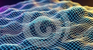 Abstract digital grid landscape with glowing particles and wavy surface, data visualization concept