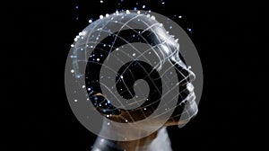 Abstract digital head with a wireframe grid and glowing particles on a dark background, symbolizing artificial intelligence and