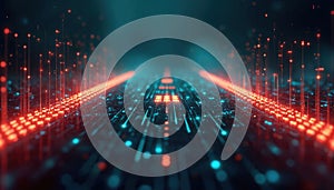 Abstract digital highway with glowing data streams, binary code, and circuit board patterns. Futuristic network pathways