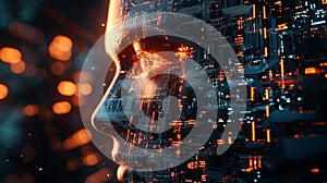 Digital Human Face Circuitry Technology Abstract Artificial Intelligence Orange Glow AI 3D Data Mind Brain