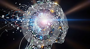 Abstract digital human head exploding with light and data streams
