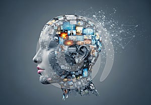 Abstract digital human head exploding into pixels and data streams