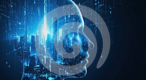 Abstract digital human head with neural network and data streams representing future technology and artificial intelligence