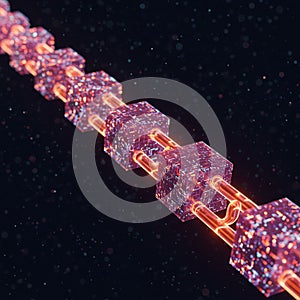 Abstract digital illustration of a blockchain concept. Connected glowing cubes form a