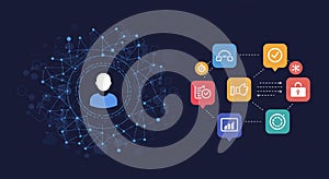 Abstract digital illustration depicts a central human icon surrounded by a network of