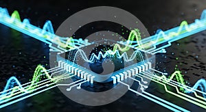 Abstract AI Chip Processing Data With Blue And Green Digital Waveforms