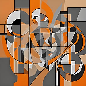 An abstract digital illustration that features orange, black, and white colors and geometric shapes.