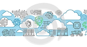 Abstract digital illustration featuring cloud computing and technology elements. Blue