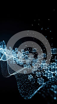 Abstract Digital Network Concept Cubes and Waves on Black Background