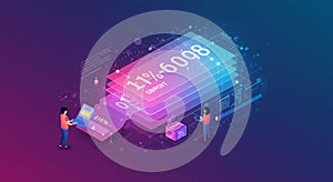 Abstract digital illustration featuring two people interacting with a virtual financial